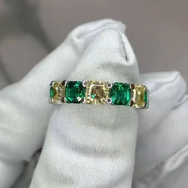 Handmade Asscher Cut Yellow&Emerald Diamond Eternity Band