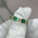 Handmade Asscher Cut Yellow&Emerald Diamond Eternity Band