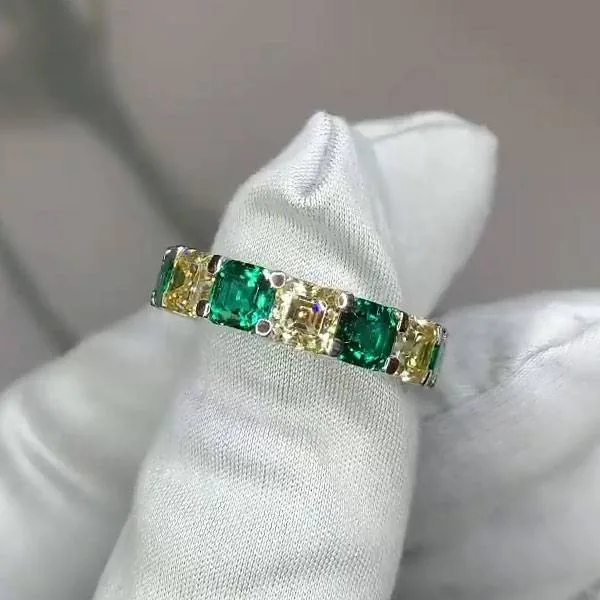 Handmade Asscher Cut Yellow&Emerald Diamond Eternity Band