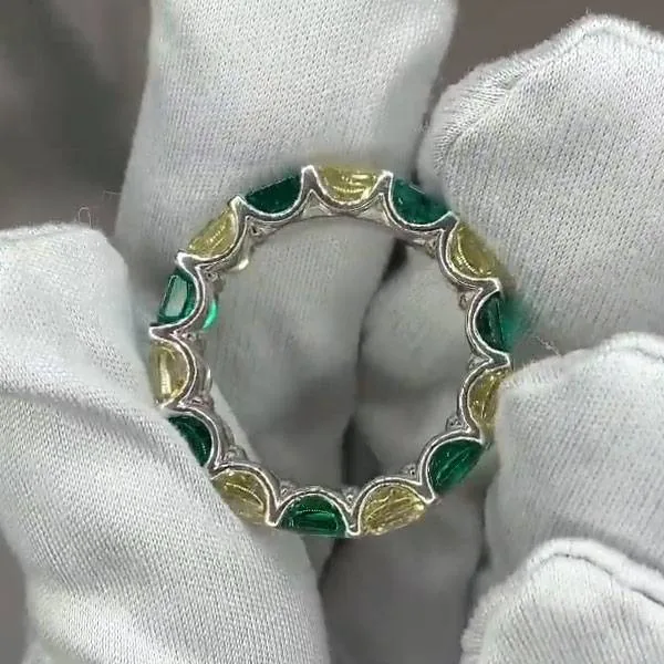 Handmade Asscher Cut Yellow&Emerald Diamond Eternity Band