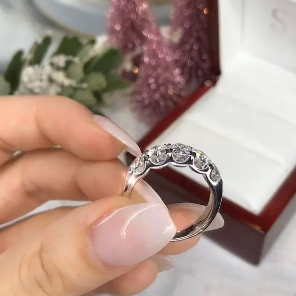 Handmade 5-stone Round Brilliant Cut Wedding Band in Sterling Silver