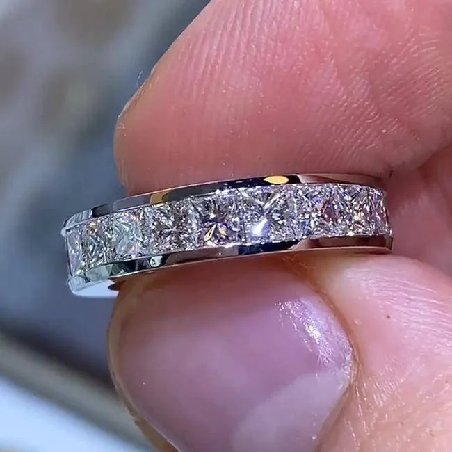 Handmade Princess Cut Halo 925 Sterling Silver Classic Engagement Band Ring