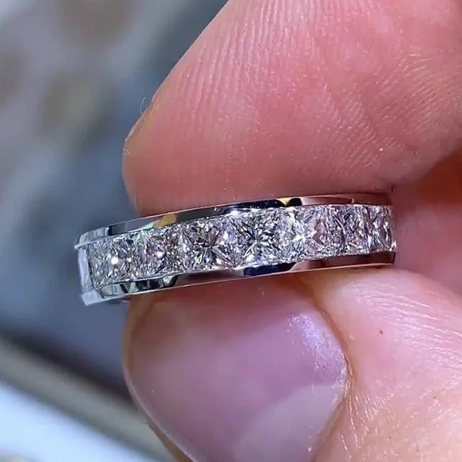 Handmade Princess Cut Halo 925 Sterling Silver Classic Engagement Band Ring