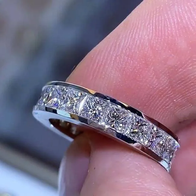 Handmade Princess Cut Halo 925 Sterling Silver Classic Engagement Band Ring
