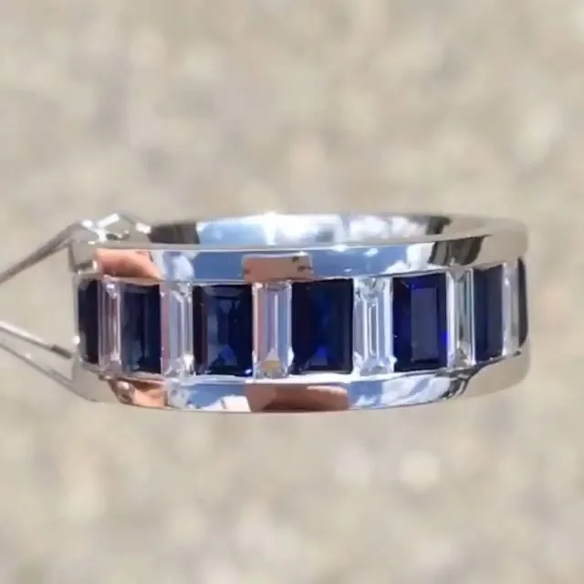 Blue and White Sapphire Baguette Cut 6mm Width Wedding Band
