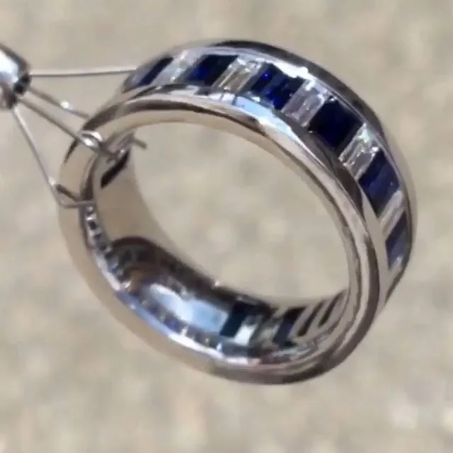 Blue and White Sapphire Baguette Cut 6mm Width Wedding Band