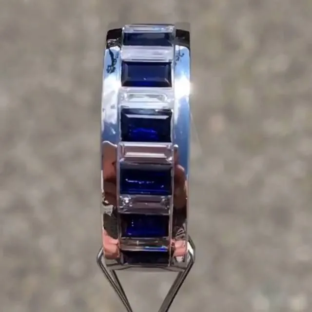Blue and White Sapphire Baguette Cut 6mm Width Wedding Band