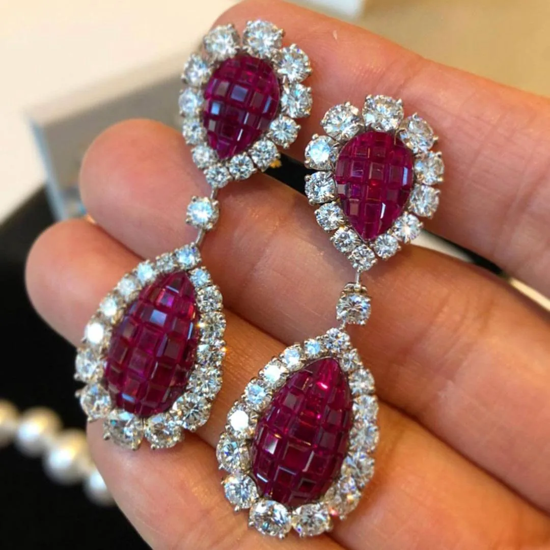 Handmade Fashion Ruby Diamond Dangle Earrings