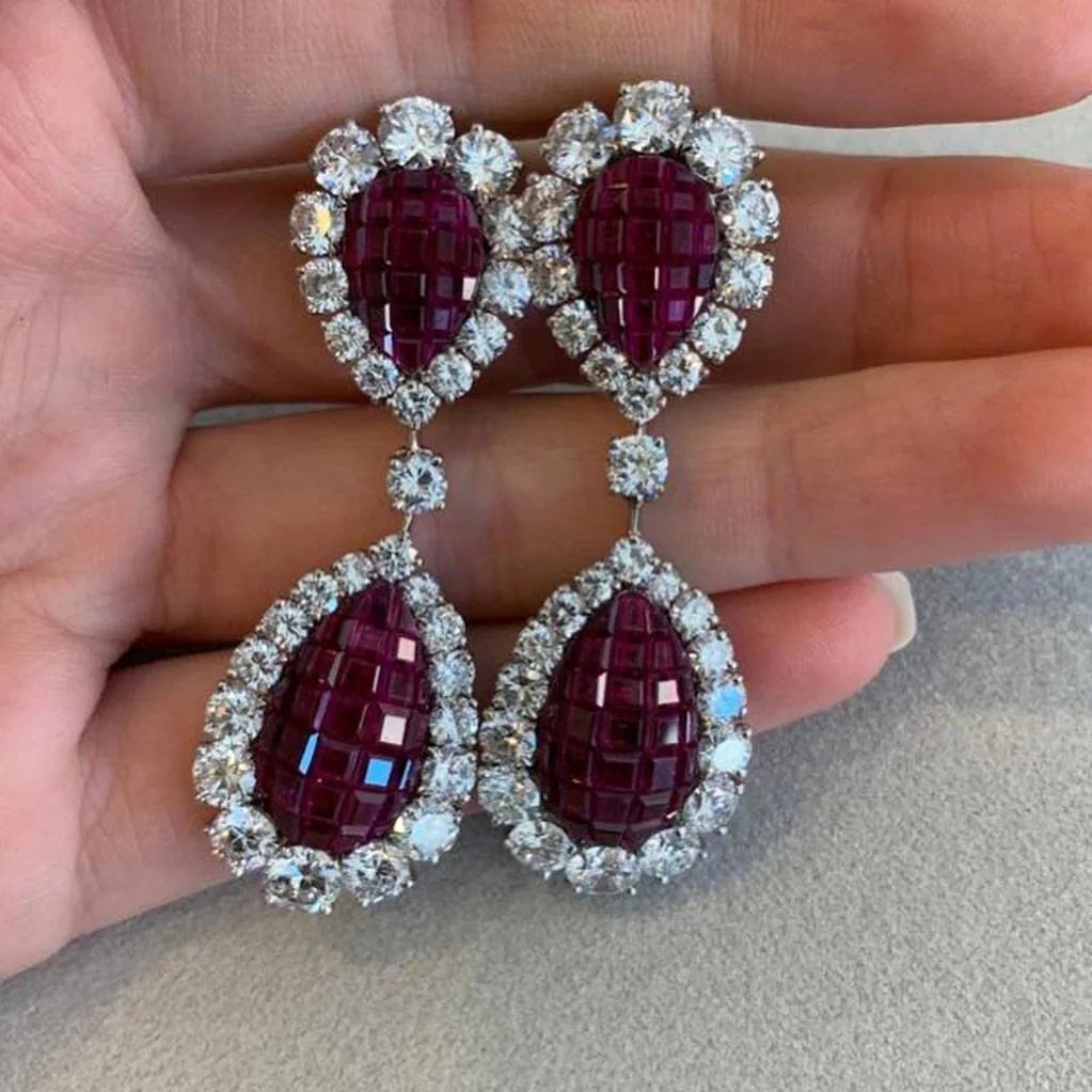 Handmade Fashion Ruby Diamond Dangle Earrings