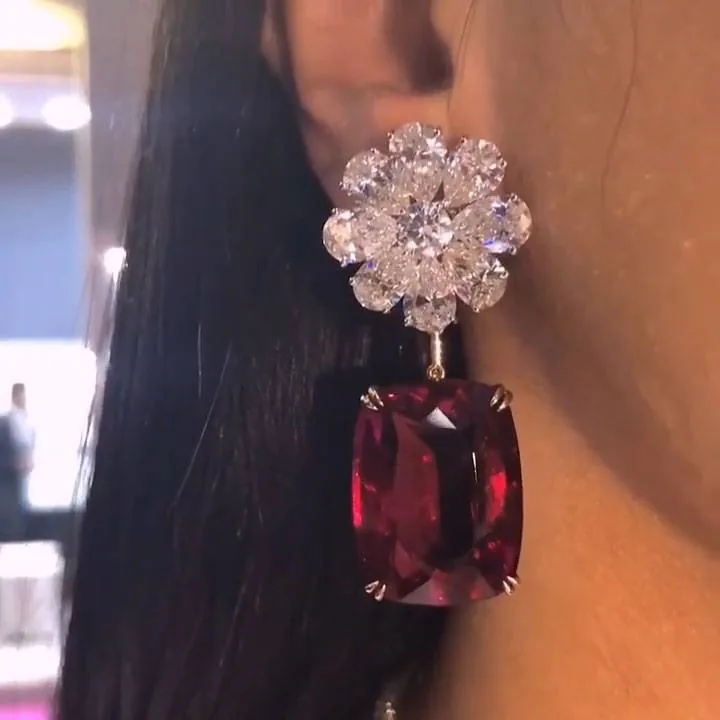 Handmade Flower Design 7.5ct Cushion Cut Ruby Drop Earrings