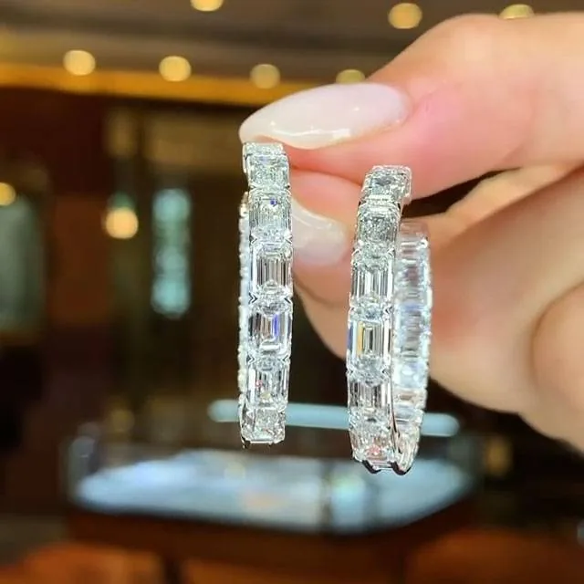 Handmade Emerald Cut Diamond Hoops Earrings