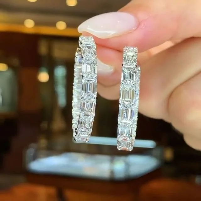 Handmade Emerald Cut Diamond Hoops Earrings