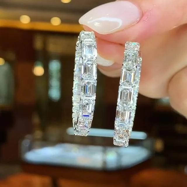 Handmade Emerald Cut Diamond Hoops Earrings