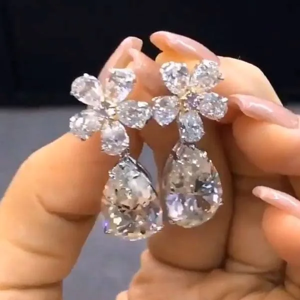 Elegant Flower Design Pear Cut Drop Earrings