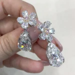 Elegant Flower Design Pear Cut Drop Earrings