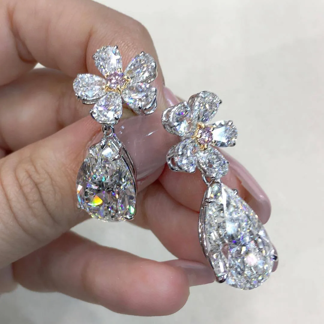 Elegant Flower Design Pear Cut Drop Earrings