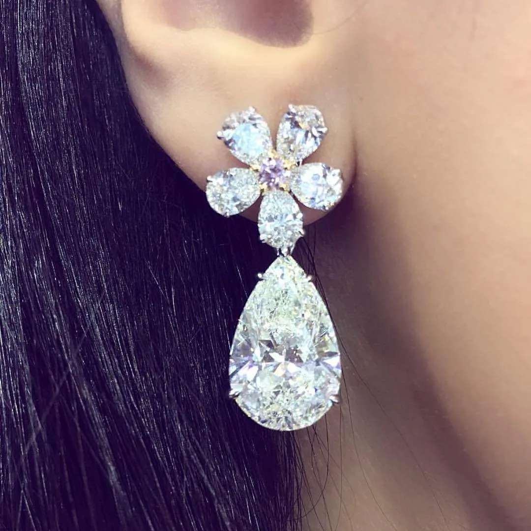 Elegant Flower Design Pear Cut Drop Earrings
