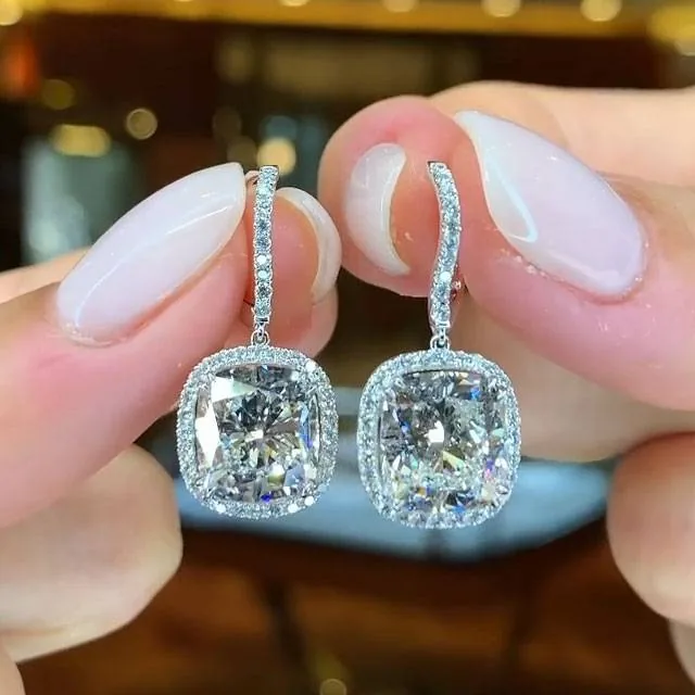 Handmade 4 CT Cushion Cut Diamond Dangle Earrings