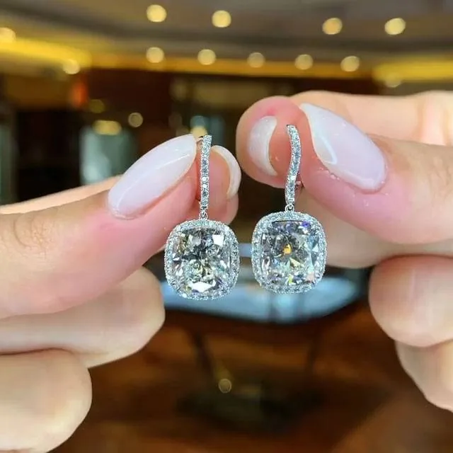 Handmade 4 CT Cushion Cut Diamond Dangle Earrings