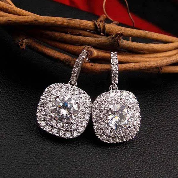 1.5 CT Double Halo Cushion Cut White Sapphire Earrings
