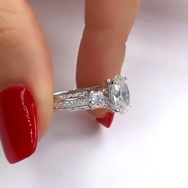 Handmade 3 CT Oval Cut Engagement Ring with Two Princess Sidestones