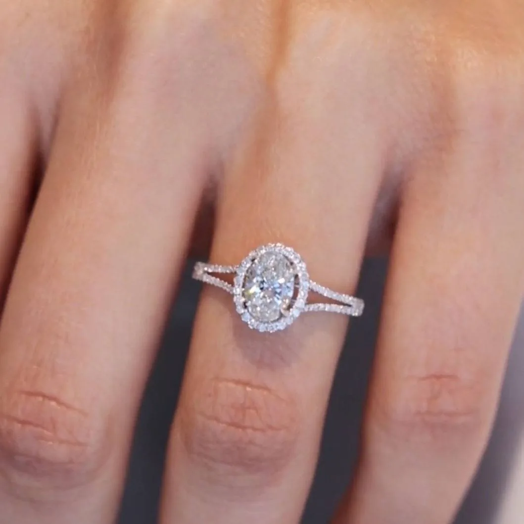 Handmade 3CT Oval Halo Split Band Engagement Ring