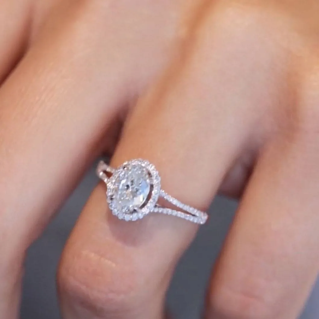 Handmade 3CT Oval Halo Split Band Engagement Ring