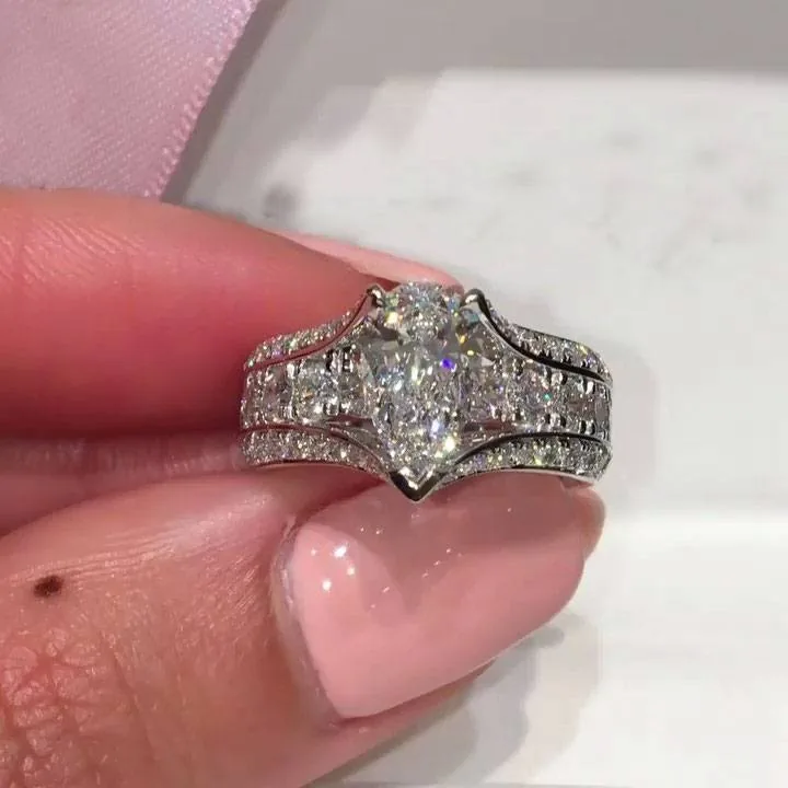 Handmade 2CT Pear Cut Wide Shank Engagement Ring With Paved Sidestones