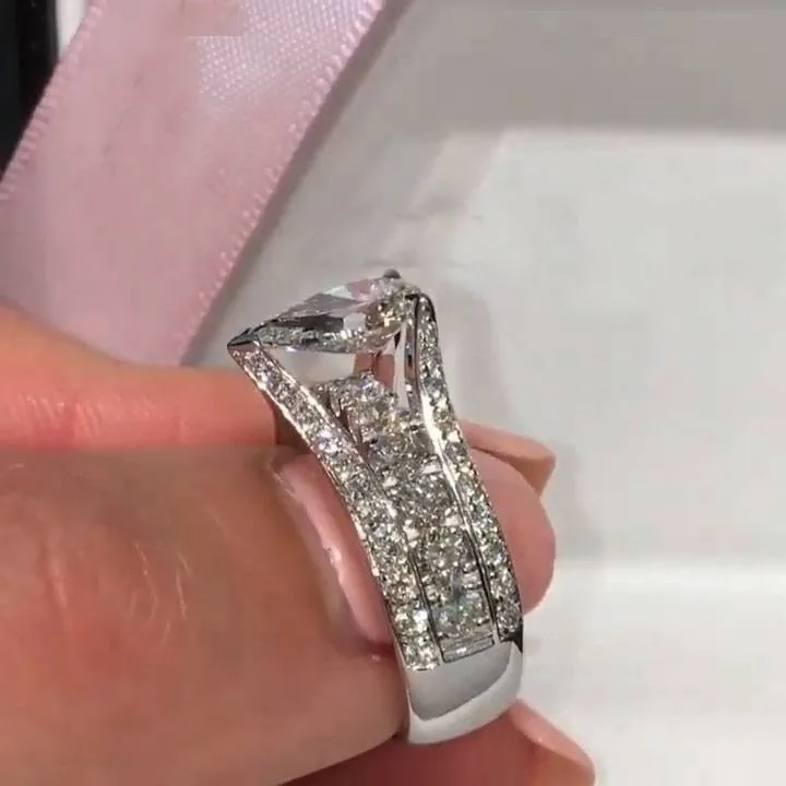 Handmade 2CT Pear Cut Wide Shank Engagement Ring With Paved Sidestones