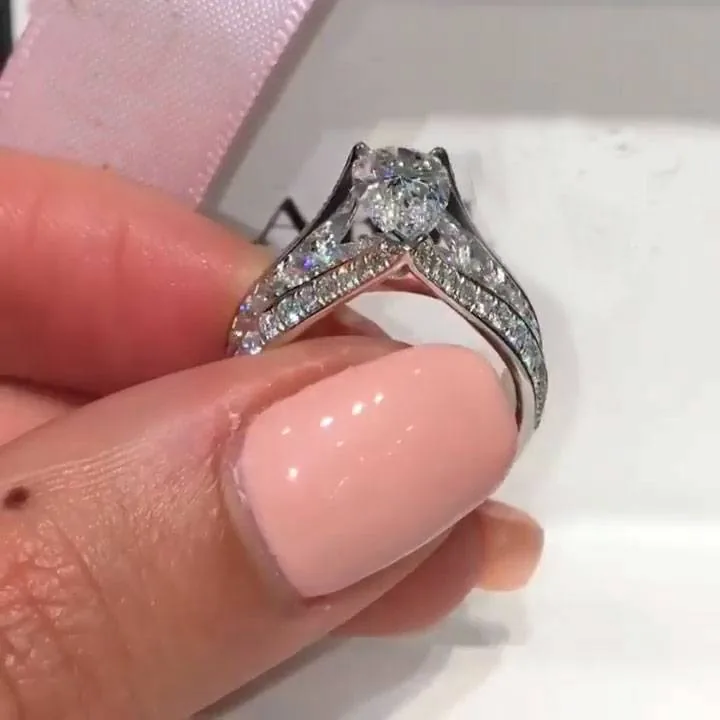 Handmade 2CT Pear Cut Wide Shank Engagement Ring With Paved Sidestones