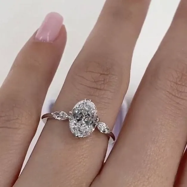 Handmade 4 CT Oval Cut Wedding Ring with Two Marquise Cut Sidestones