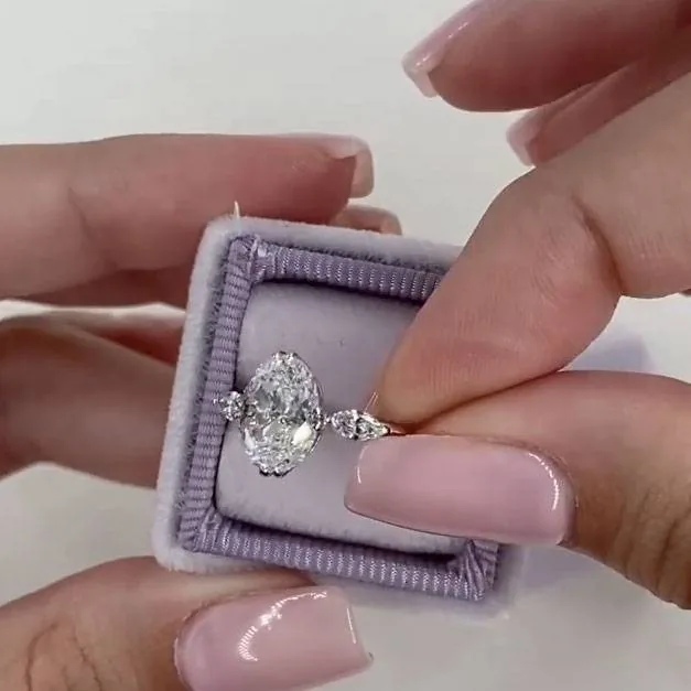 Handmade 4 CT Oval Cut Wedding Ring with Two Marquise Cut Sidestones
