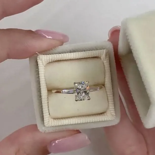 Handmade 4CT Radiant Diamond Ring with Baguette Sidestones