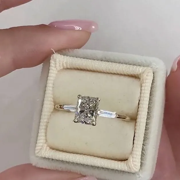 Handmade 4CT Radiant Diamond Ring with Baguette Sidestones