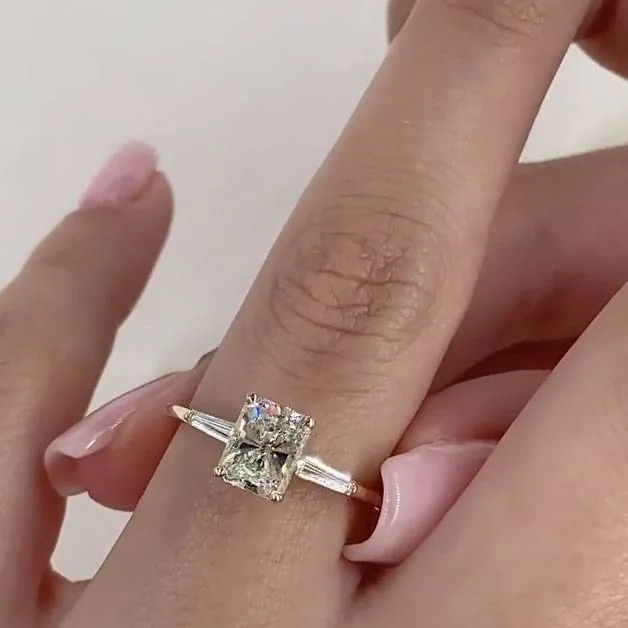 Handmade 4CT Radiant Diamond Ring with Baguette Sidestones
