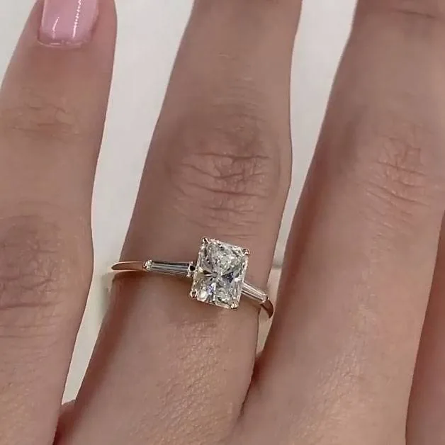 Handmade 4CT Radiant Diamond Ring with Baguette Sidestones