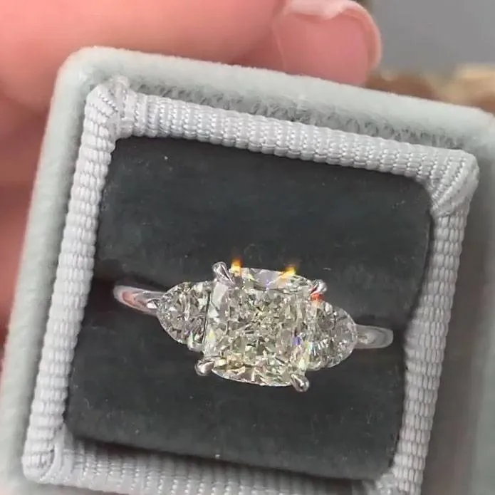 Handmade 3CT Cushion Cut Engagement Ring with Heart Sidestone