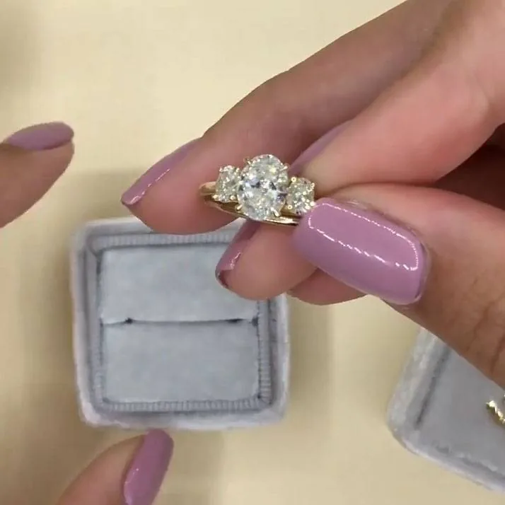 Handmade 2.5 CT Three Oval Stone Engagement Ring in Gold