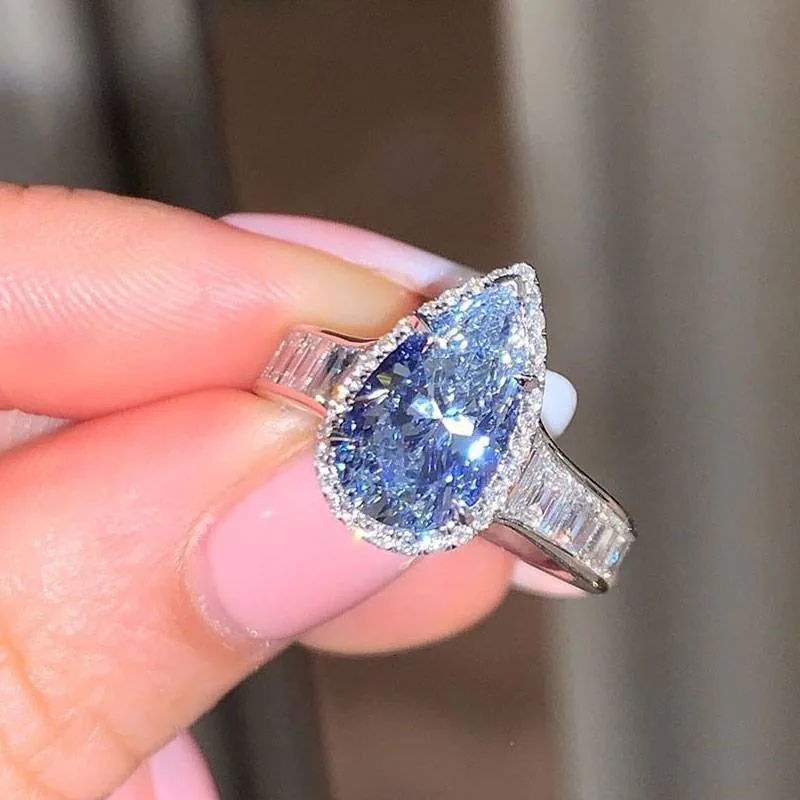 Handmade 2.5CT Fancy Blue Pear Shape Enagement Ring