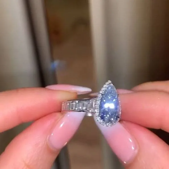Handmade 2.5CT Fancy Blue Pear Shape Enagement Ring