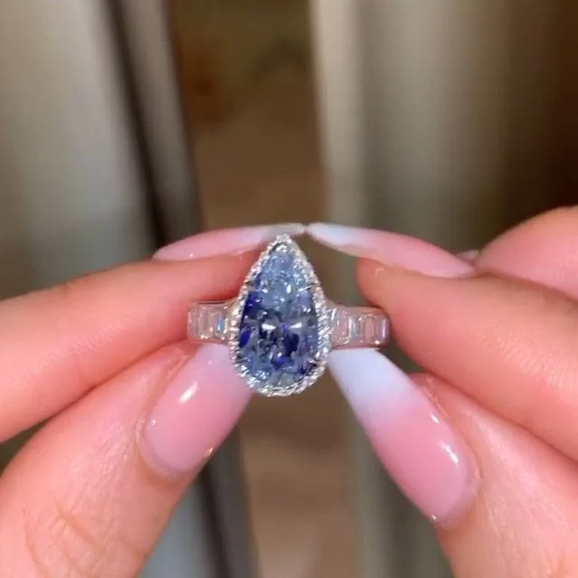 Handmade 2.5CT Fancy Blue Pear Shape Enagement Ring