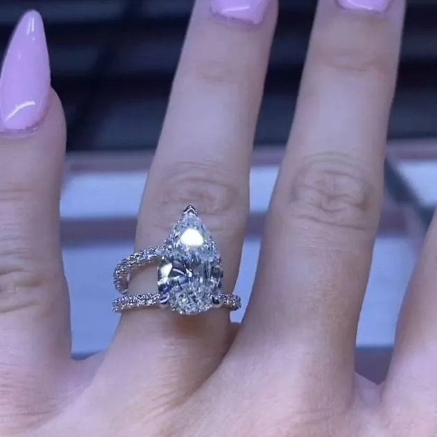 Handmade 3CT Pear Cut Engagement Ring in Sterling Silver
