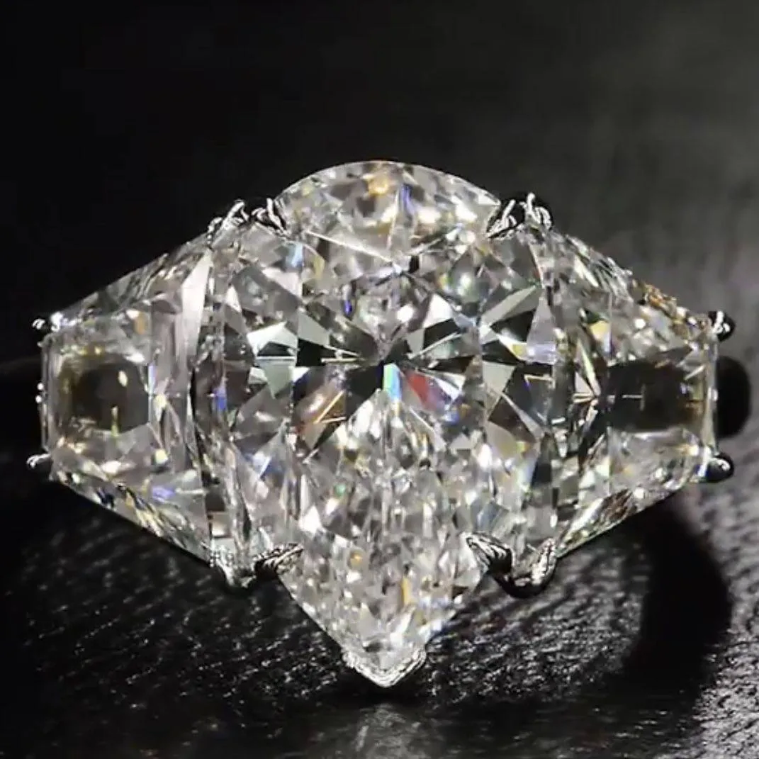 Handmade 4CT Three Stone Pear Shape Engagement Ring