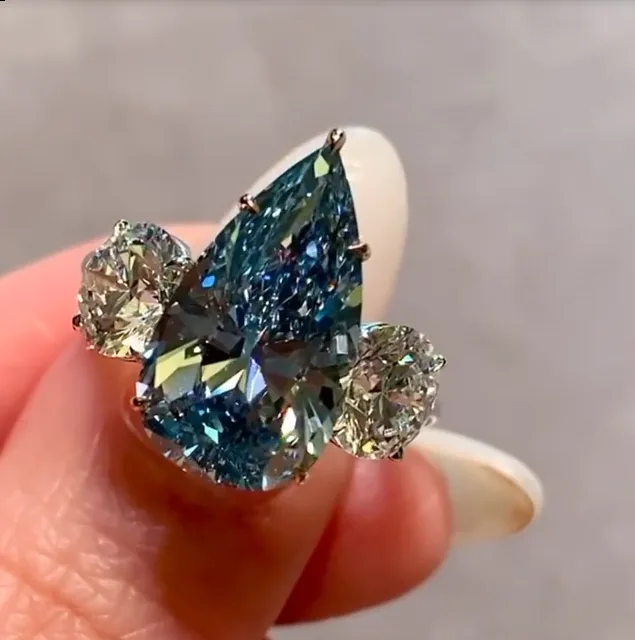 Handmade 6CT Blue Pear Cut Engagement Ring