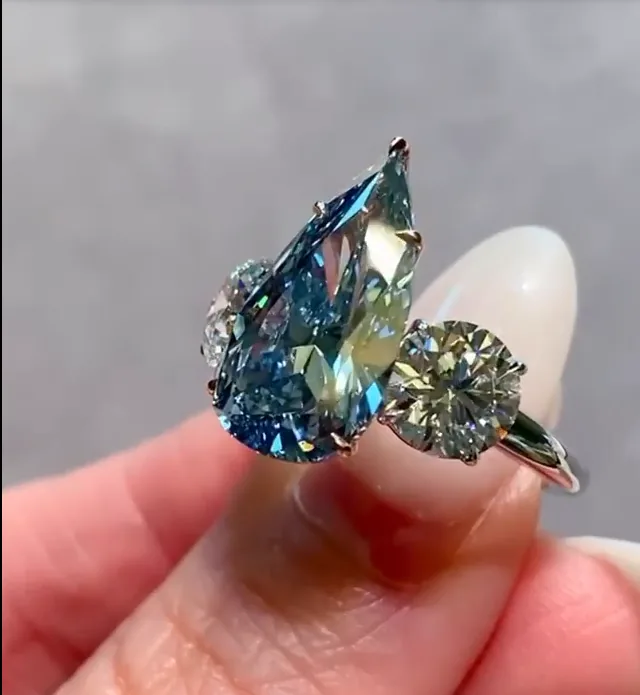 Handmade 6CT Blue Pear Cut Engagement Ring
