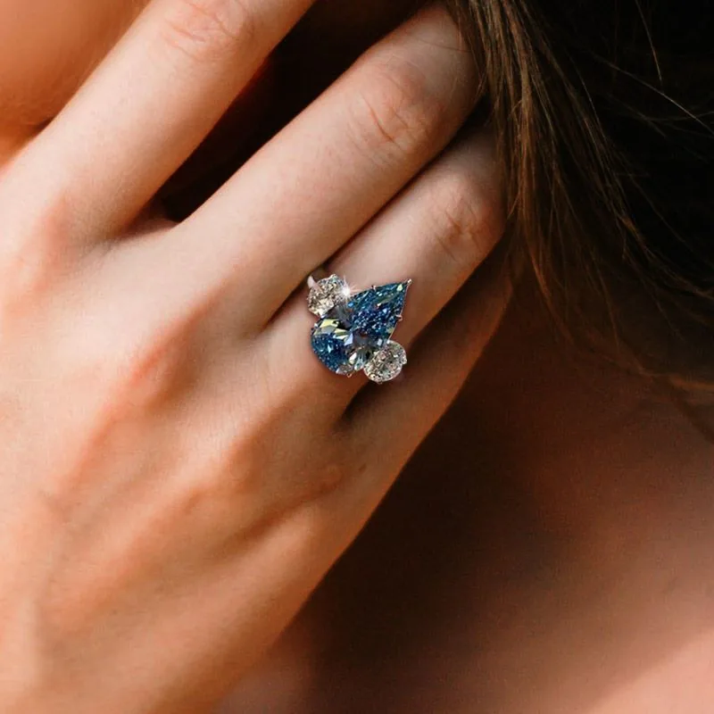 Handmade 6CT Blue Pear Cut Engagement Ring