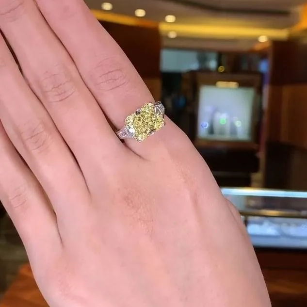 5ct Fancy Yellow Radiant Cut sterling Silver Engagement Ring