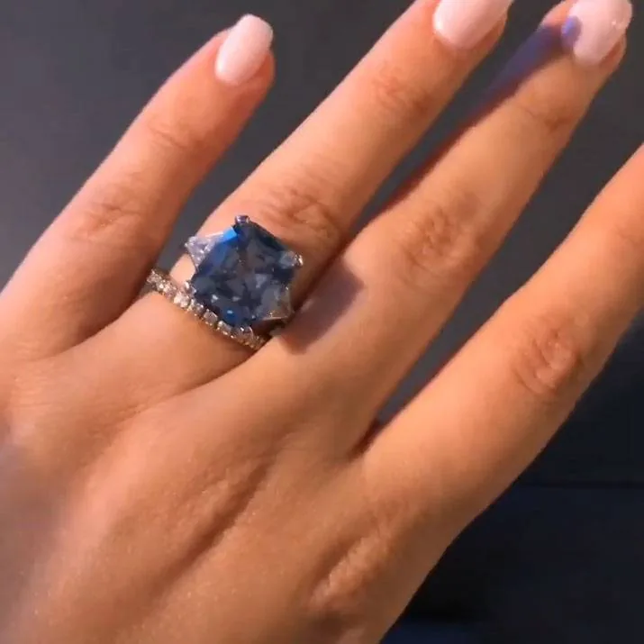 Handmade 6ct Fancy Blue Cushion-cut Sapphire Ring with Trillion-cut Sidestones