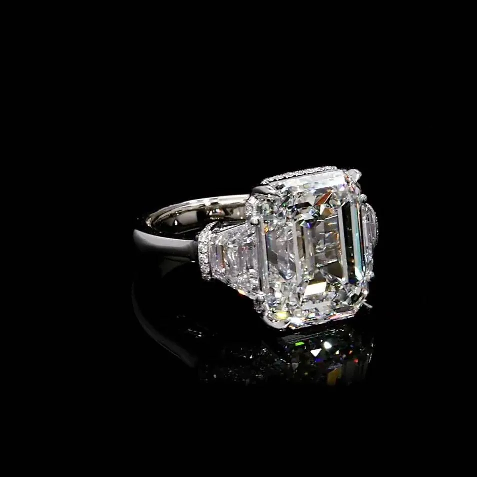 Handmade Micropave Setting 5CT Emerald Cut Three-stone Ring