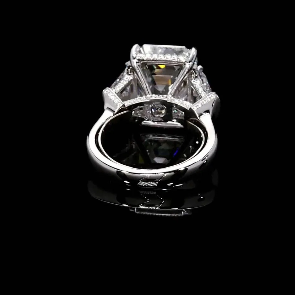 Handmade Micropave Setting 5CT Emerald Cut Three-stone Ring